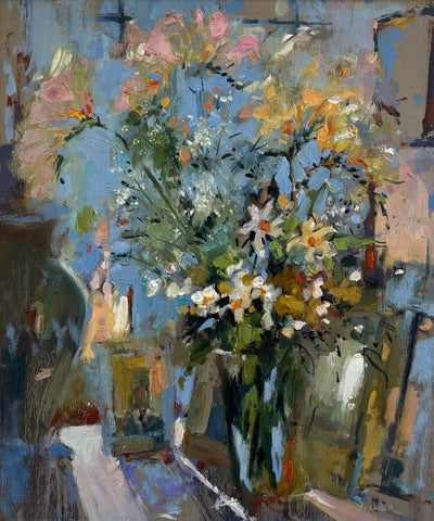 Nigel Fletcher ‘Daises and Freesias’ oil on panel 35x30cm (48x43cm)