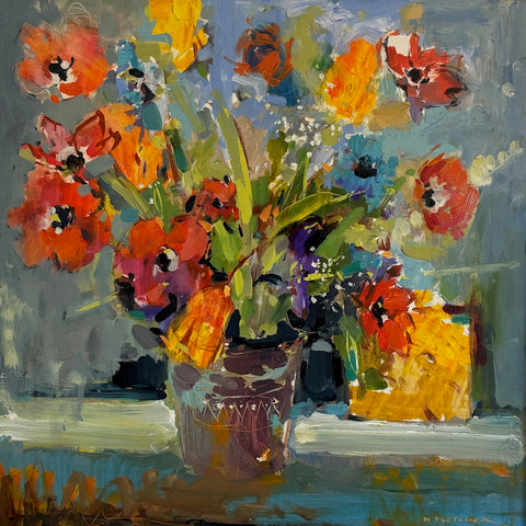 Nigel Fletcher ‘Red Anemonies Display’ oil on panel 29x29cm (42x42cm framed)