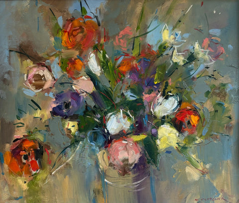 Nigel Fletcher ‘Red Anemonies & Roses’ oil on panel 29x34cm (35x41cm framed)