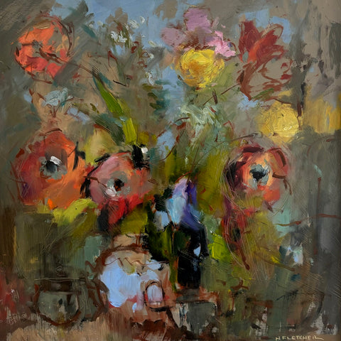 Nigel Fletcher ‘Red Anemonies’ oil on board 29x29cm (36x36cm framed)