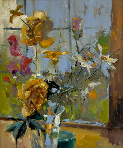 Nigel Fletcher ‘Roses and Daises’ oil on panel 35x29cm (48x42cm framed)