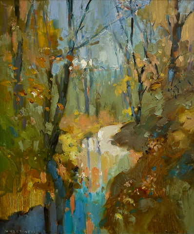 Nigel Fletcher ‘Woodland Stream’ oil on panel 35x30cm (48x42cm)