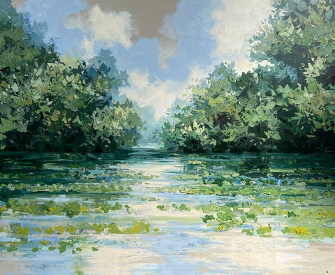 Paul Treasure 'Upstream' acrylic on canvas 120x150cm