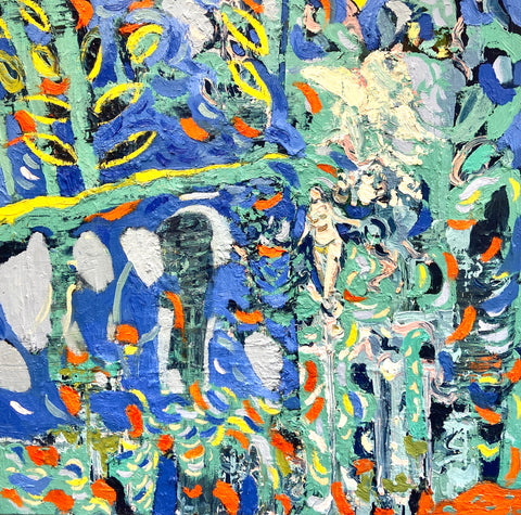 Paul Wadsworth 'Elephants and the White Butterfly' oil on canvas 120x120cm (unframed)