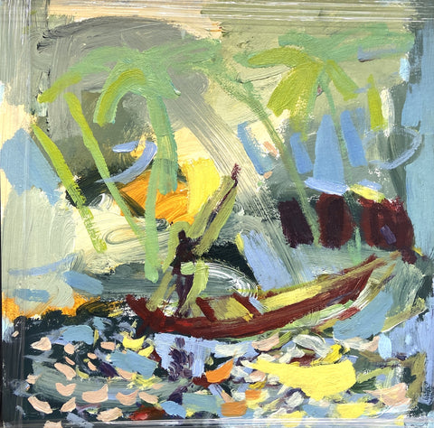 Paul Wadsworth 'Sunset Boatman' oil on board 50x50cm
