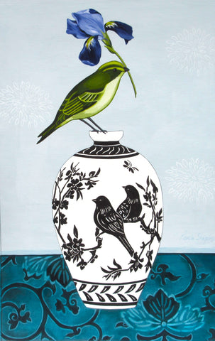 Paula Sharples 'Chinese Vase with Greenfinch' acrylic, ink and graphite on board 31x20cm