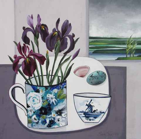 Paula Sharples 'Irises and Windmill Bowl' acrylic, ink and graphite on board 21x21cmcm