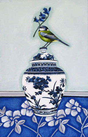 Paula Sharples 'Japanese Arita Vase with Blue Tit' acrylic, ink, graphite and collage on board 31x20cm