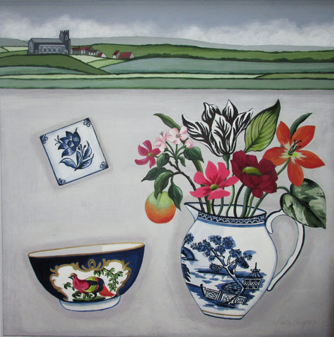 Paula Sharples 'Worcester Bowl in a Cotswold Landscape' acrylic, ink, graphite and collage on board 32x32cm