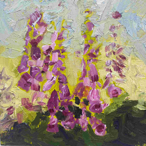 Polly Dutton 'Foxglove Border' oil on birchwood panel 15x15cm