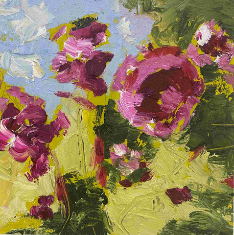 Polly Dutton 'Perfect Peonies' oil on birchwood panel 15x15cm