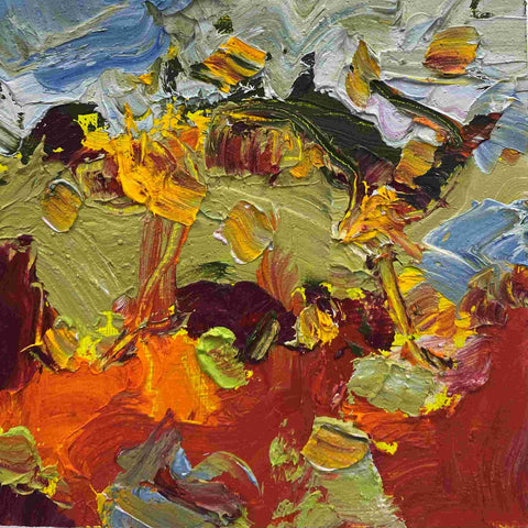 Polly Dutton 'Poppies & Marigolds' oil on birchwood panel 15x15cm