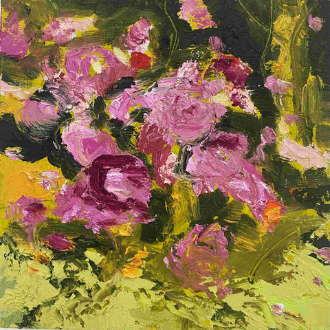 Polly Dutton 'Rose Arbour' oil on birchwood panel 15x15cm