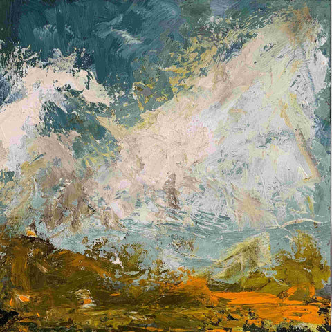 Polly Dutton 'The Glory of Clouds' oil on birchwood panel 30x30cm