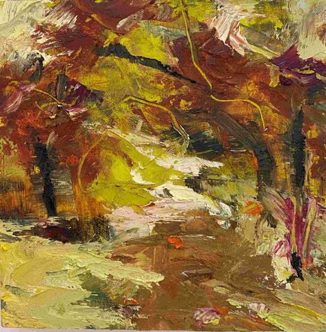 Polly Dutton 'Walking Through Stained Glass III' oil on birchwood panel 15x15cm