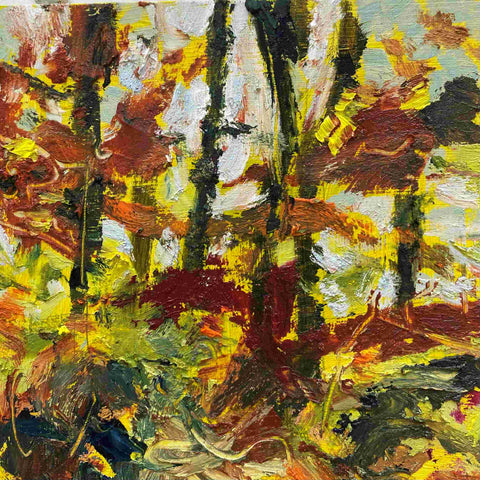 Polly Dutton 'Walking Through Stained Glass II' oil on birchwood panel 15x15cm