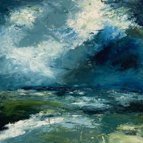 Polly Dutton 'Walking in the Sky' oil on birchwood panel 61x61cm