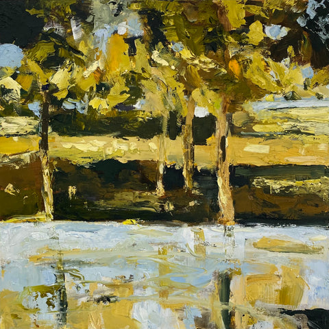Polly Dutton 'Where the River Sings' oil on birchwood panel 51x51cm
