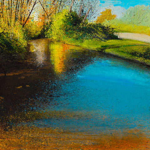 Rob Murray 'Bright Spring (The Wandle)' mixed media on canvas 76x76cm