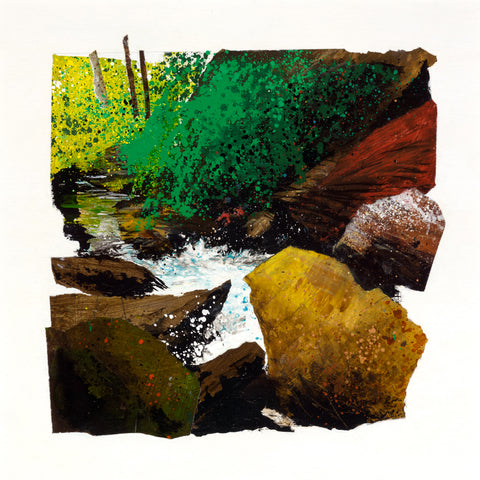 Rob Murray 'Edge of the Falls' mixed media and collage on wood panel 40x40cm