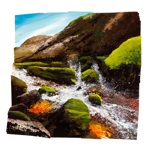 Rob Murray 'Full Force Falls' mixed media and collage on wood panel 90x90cm