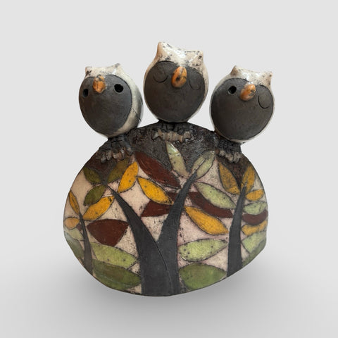 Rob Whelpton 'Three Owls on a Hill' ceramic 12x13x8cm