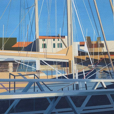 Robin Hazlewood 'French Harbour, Masts and Rigging' watercolour and white gouache 30x30cm