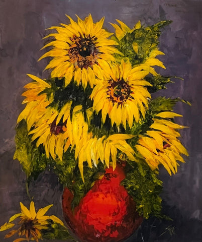 Sakko 'Sunflowers in a Red Vase' oil on perspex 95x85cm