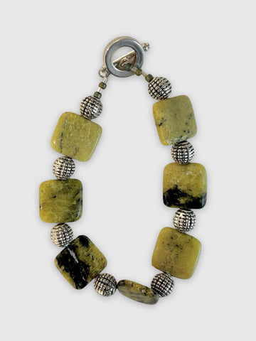 Sally MacCabe 'Olive Jasper and Textured Silver Bead Bracelet' L22cm