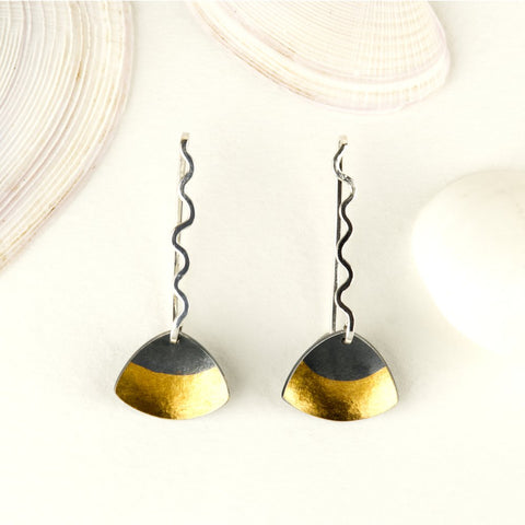 Sandra Elizabeth 'Clam Wave Drop Earrings - Oxidised with Gold Bar' (small)