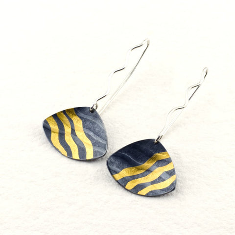 Sandra Elizabeth 'Ripple Silver Wave Drop Earrings, Oxidised with Gold Waves'
