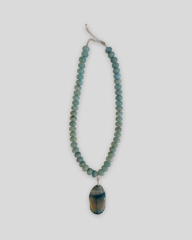 Sandra Pennell 'Amazonite Rondel Stone Necklace with Detachable Large Oval Blue Quartz Pendant' L45cm