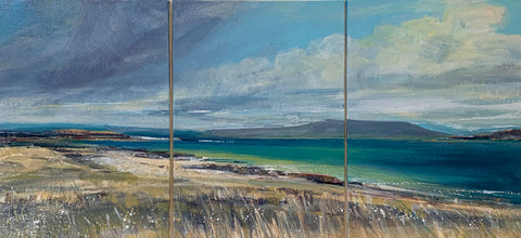 Sarah Carrington 'Machair, Iona' oil, emulsion and gold leaf on canvas panel triptych 18x39cm