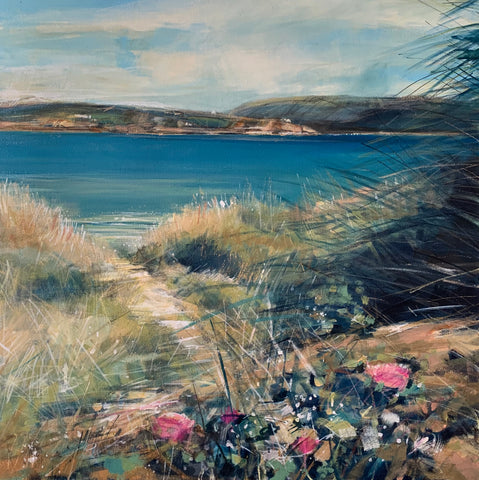 Sarah Carrington 'Marram and Thistles, Iona' oil, emulsion and gold leaf on canvas 76x76cm