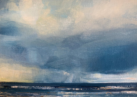 Sarah Carrington 'Storm over the Sea' oil, emulsion and gold leaf on canvas panel 13x18cm