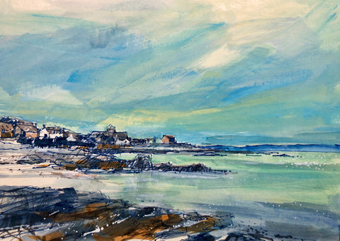 Sarah Carrington 'The Village from the Pier, Iona' mixed media 20x29cm