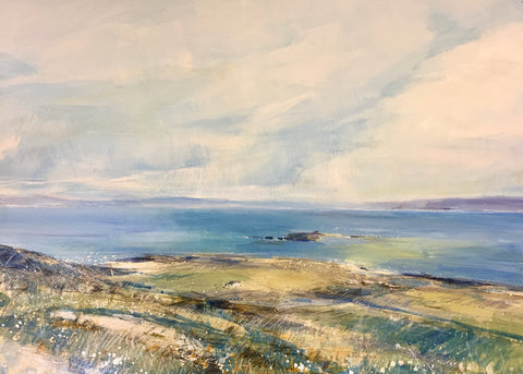 Sarah Carrington 'Towards Mull from Iona' mixed media with gold leaf 59x84cm
