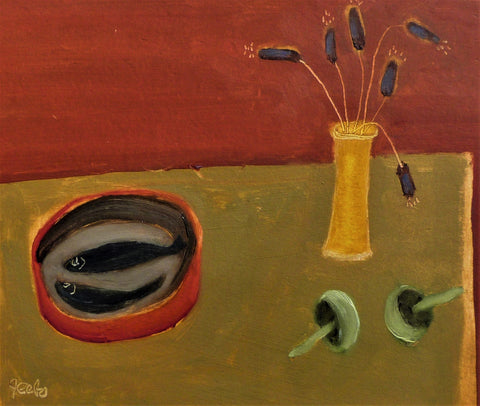 Fiona MacRae 'Sienna Sprats' oil on paper 21x28cm (38x45.5cm framed)