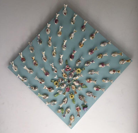 Simon Ward 'Celadon Blue' ceramic birds in perspex box 50x50cm