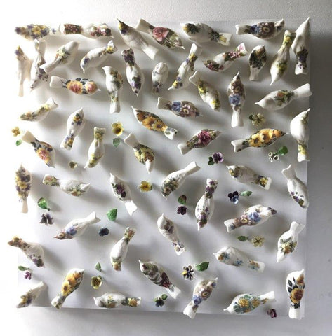 Simon Ward 'The Factory Birds' mounted ceramic birds 60x60cm