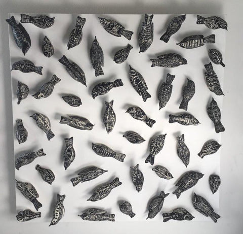 Simon Ward 'Ground Cover' ceramic birds in perspex box 50x50cm