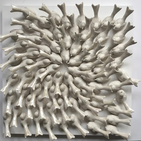 Simon Ward 'Wagtails Gathering' porcelain & lustre 40x40cm