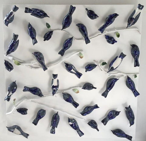 Simon Ward 'The First Day of Spring' ceramic birds in perspex box 50x50cm