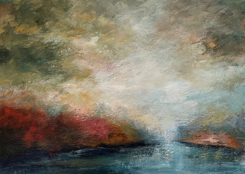 Sue Godfrey 'Riverbank Fairground' acrylic on deep edge canvas 65x90cm