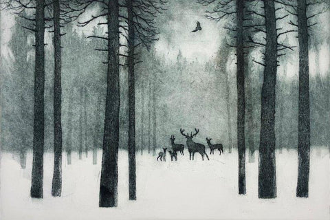 Tim Southall 'Deer in Winter' etching & aquatint (unframed) 20x30cm