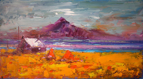 John Lowrie Morrison OBE (Jolomo) 'Two Hay Stooks, South Uist' oil on canvas 25.5x46cm (10x18ins)