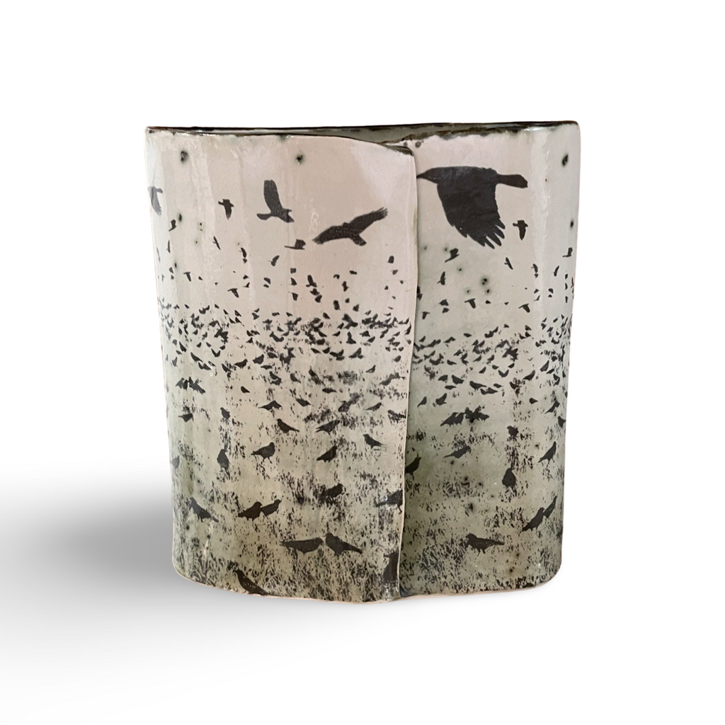 Cat Santos 'Crows' printed stoneware vessel H25cm