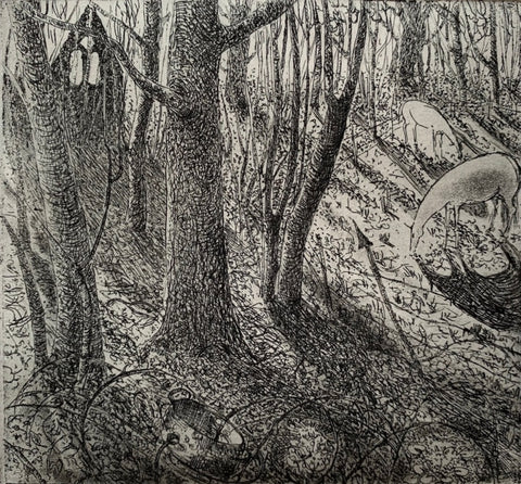 Flora McLachlan 'In the Wilderness' etching 9x10cm (framed)
