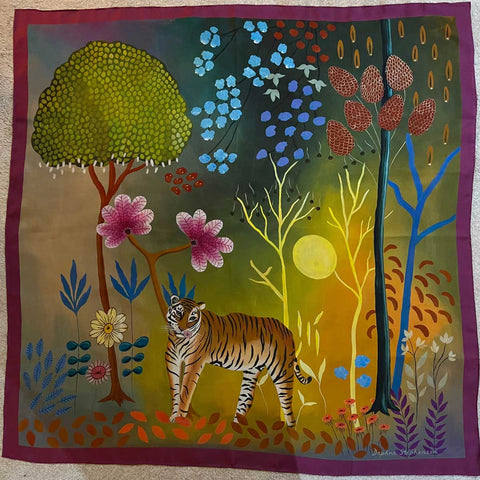 Daphne Stephenson 'Reflections of a Tiger' Square Silk Scarf 170cmx45cm