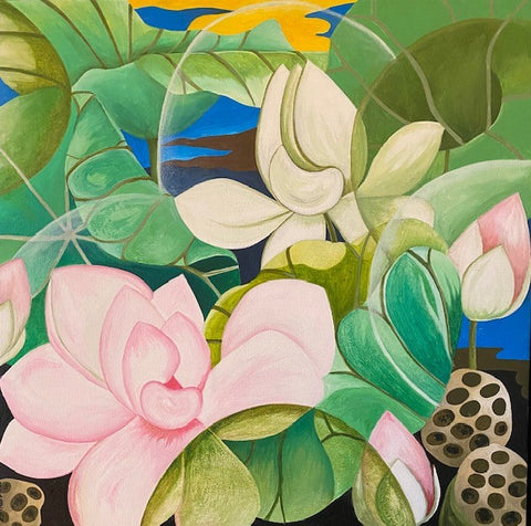 Abedheera 'Lotus Flowers' acrylic on canvas 60x60cm